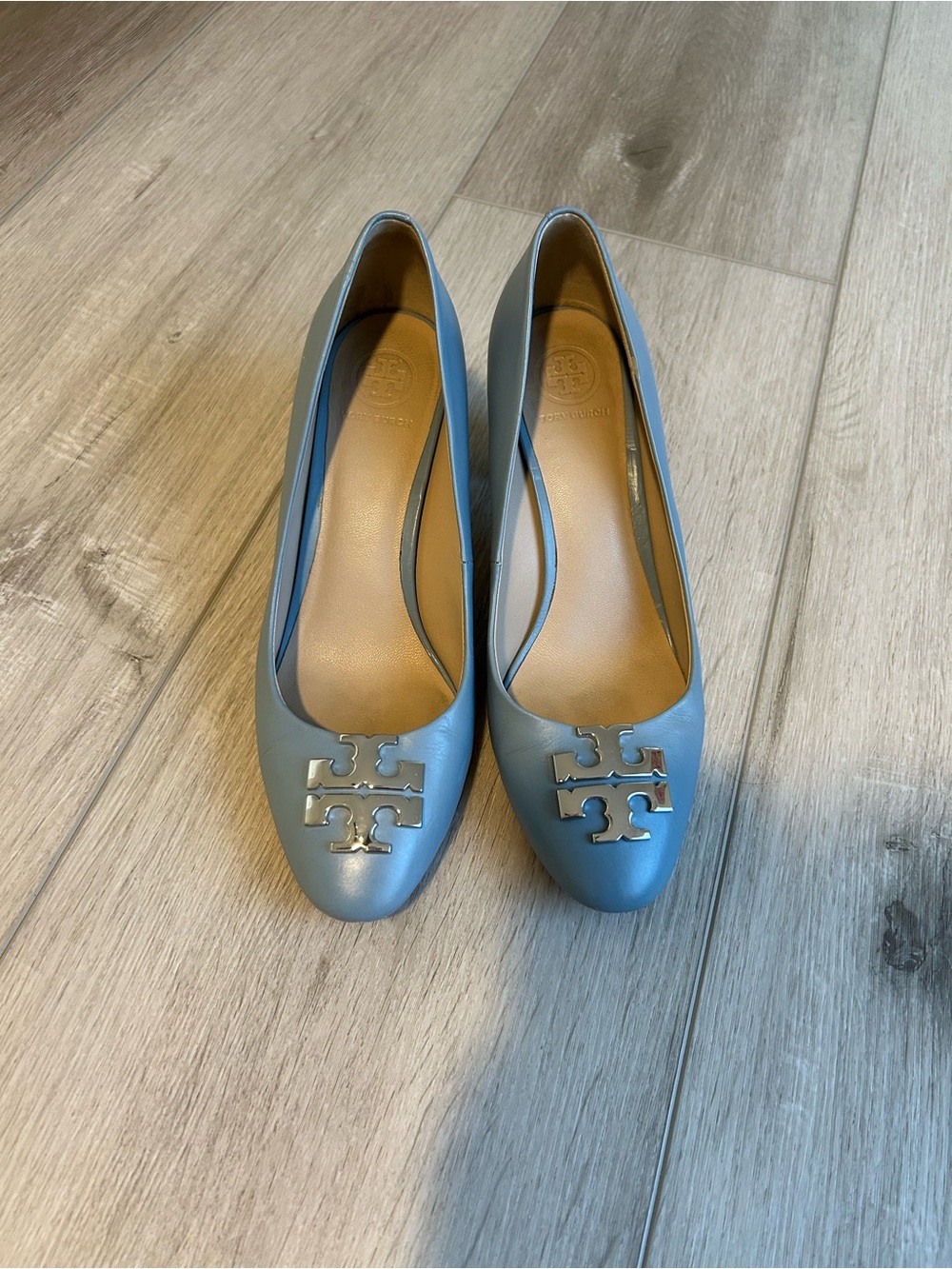 Tory Burch Slate Blue Leather Logo heels
